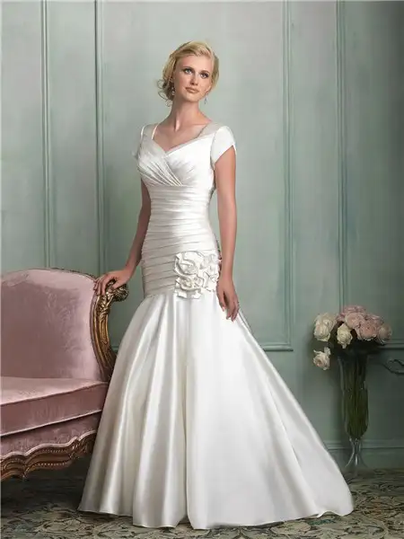 Modest-Mermaid-Cap-Sleeve-Corset-Back-Ruched-Satin-Wedding-Dress-With-Rosette.webp